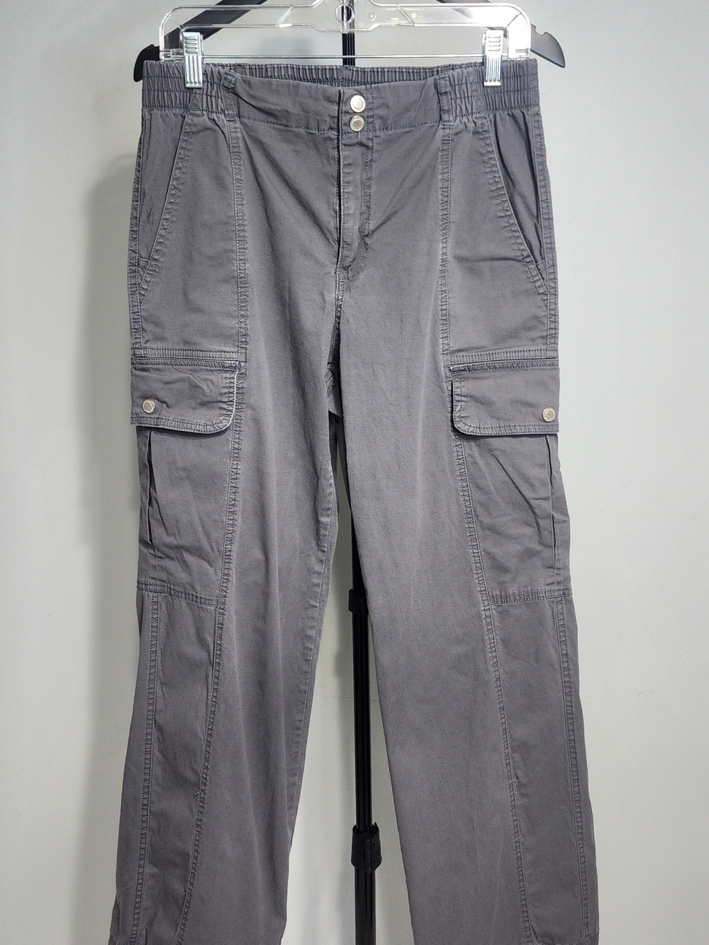 Women's Gray Cargo Pants with Elastic Waist and Button Front